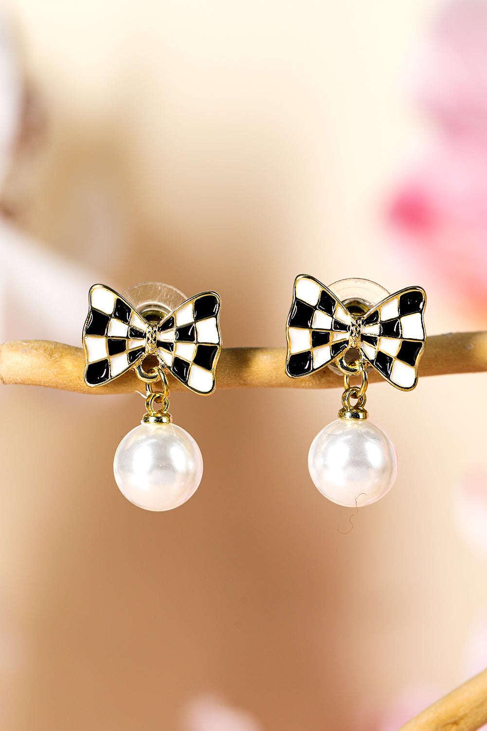 Checkered Bow Pearl Drop Earrings