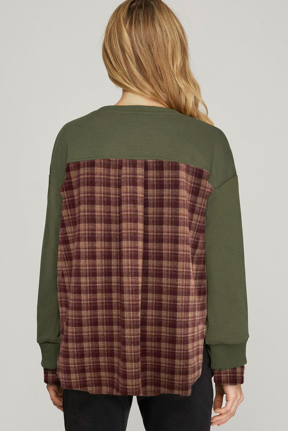 Moss Green Plaid Patchwork Sweatshirt