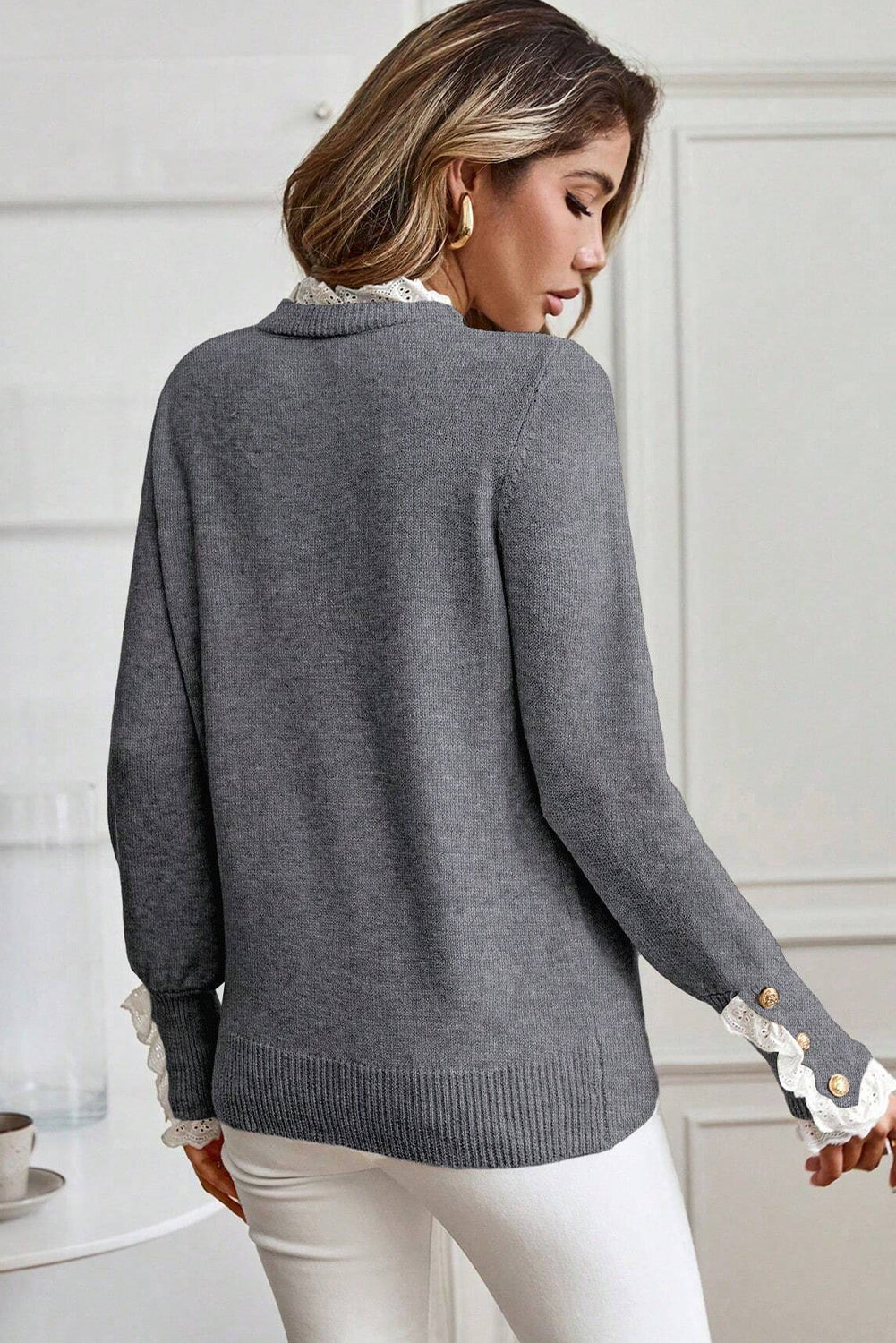 Sleet Lace Trim Buttoned Cuffs Sweater