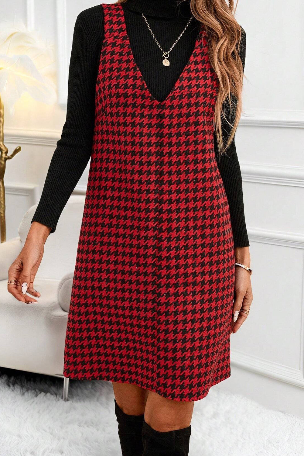 Red Houndstooth Sleeveless Mini Dress