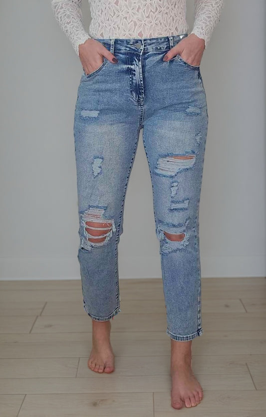 High Waist Frayed Hem Destructed Slim Jeans
