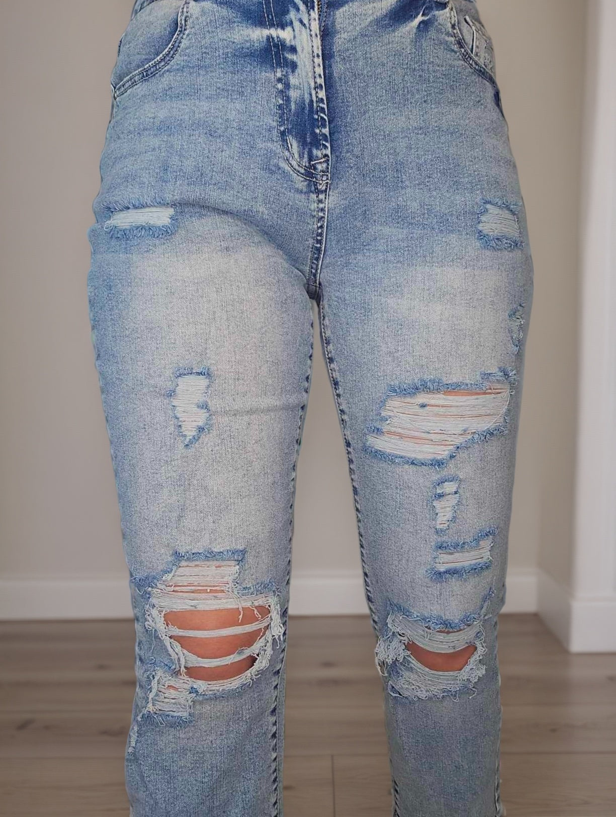 High Waist Frayed Hem Destructed Slim Jeans