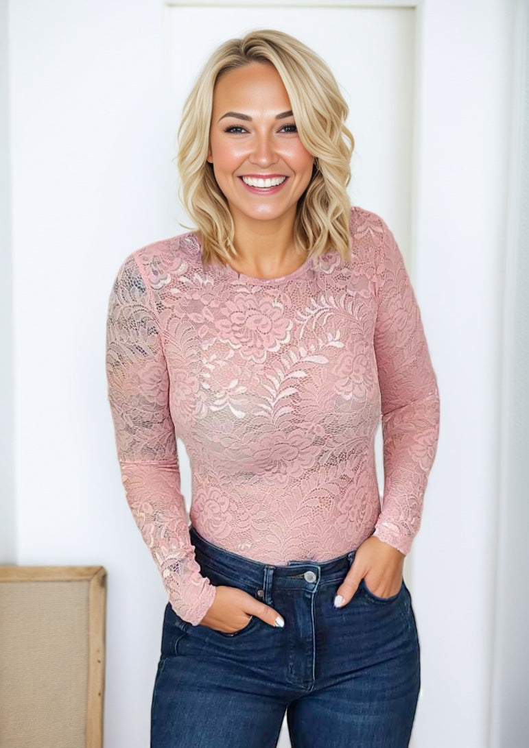 Blush Floral Lace Sheer Top