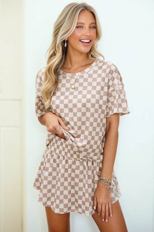 Tan Checkered Skort Set