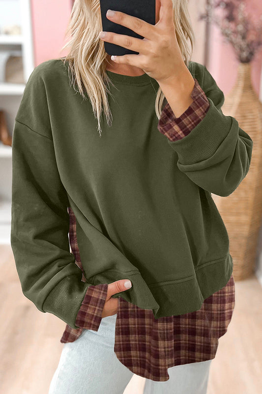 Moss Green Plaid Patchwork Sweatshirt