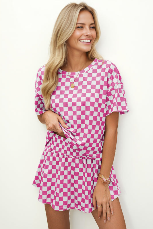 Pink Checkerboard T Shirt and Skorts Set