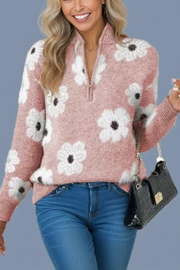Pink Floral Half Zip Collar Sweater