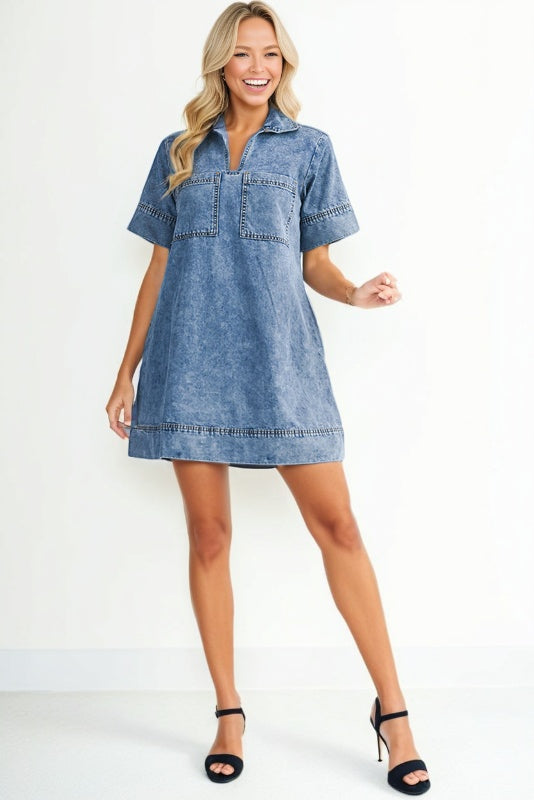 Short Sleeve Pocket Denim Mini Dress