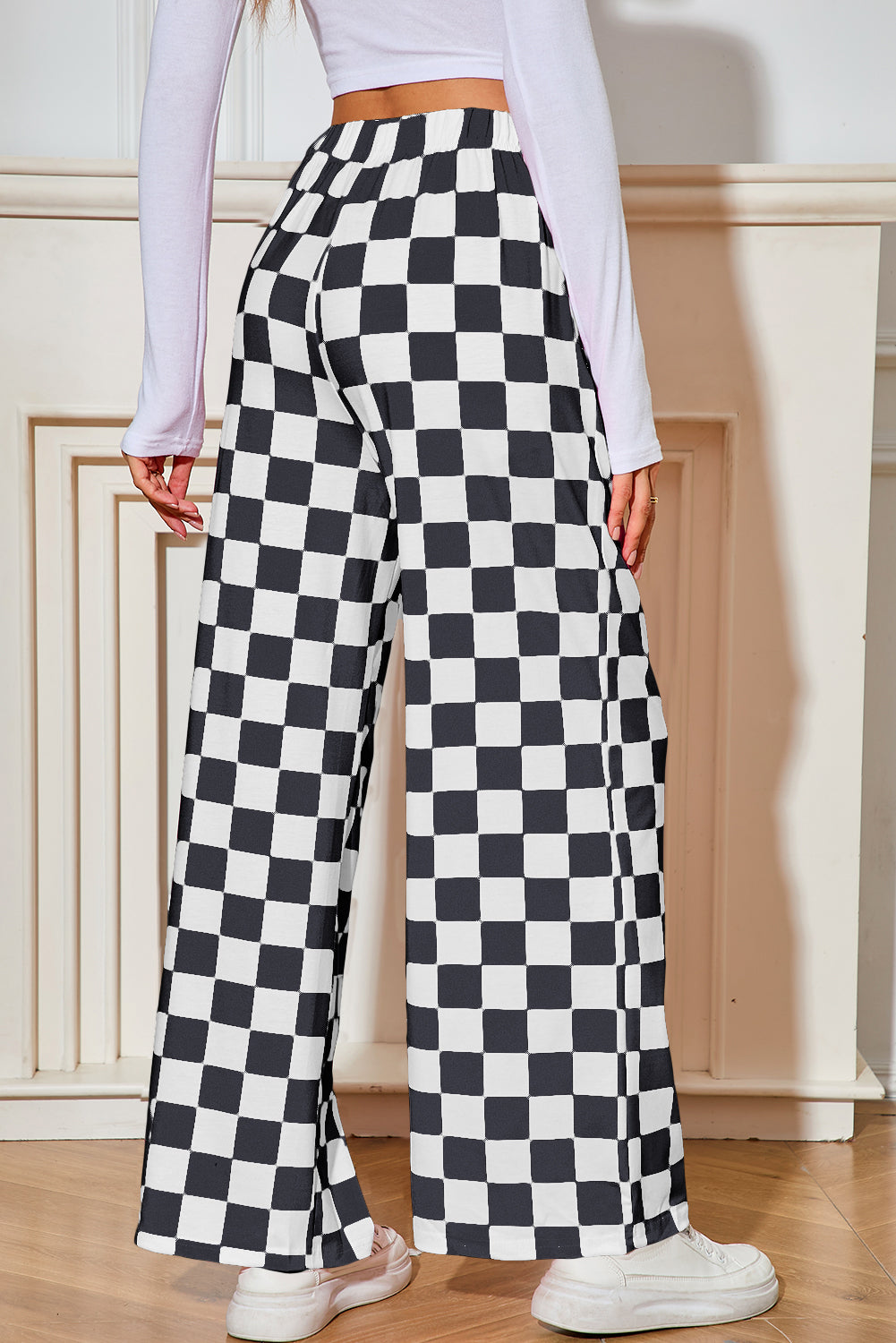 Black and white checkered pants.