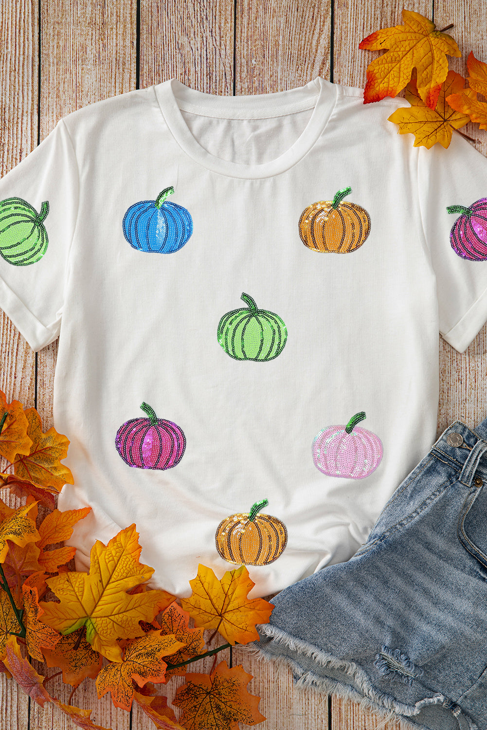 Sequin Pumpkin Cotton Blend T Shirt
