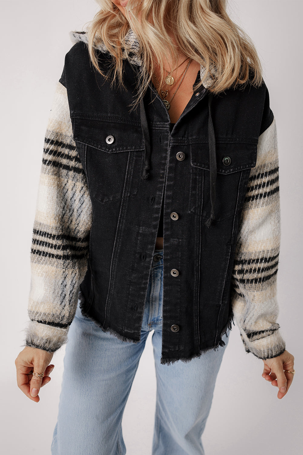 Black  Plaid Hooded Denim Jacket