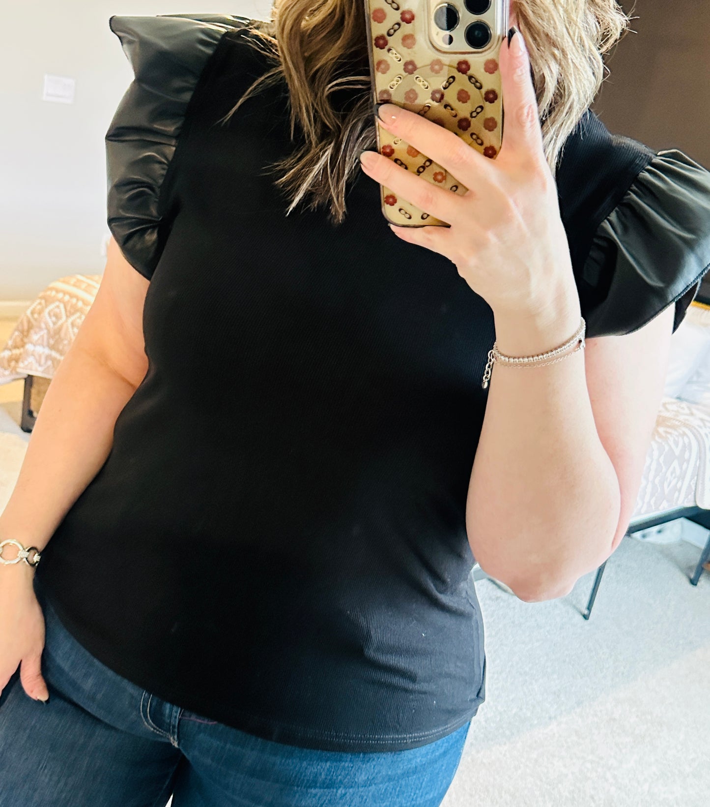 Leather Ruffle Shoulder Top