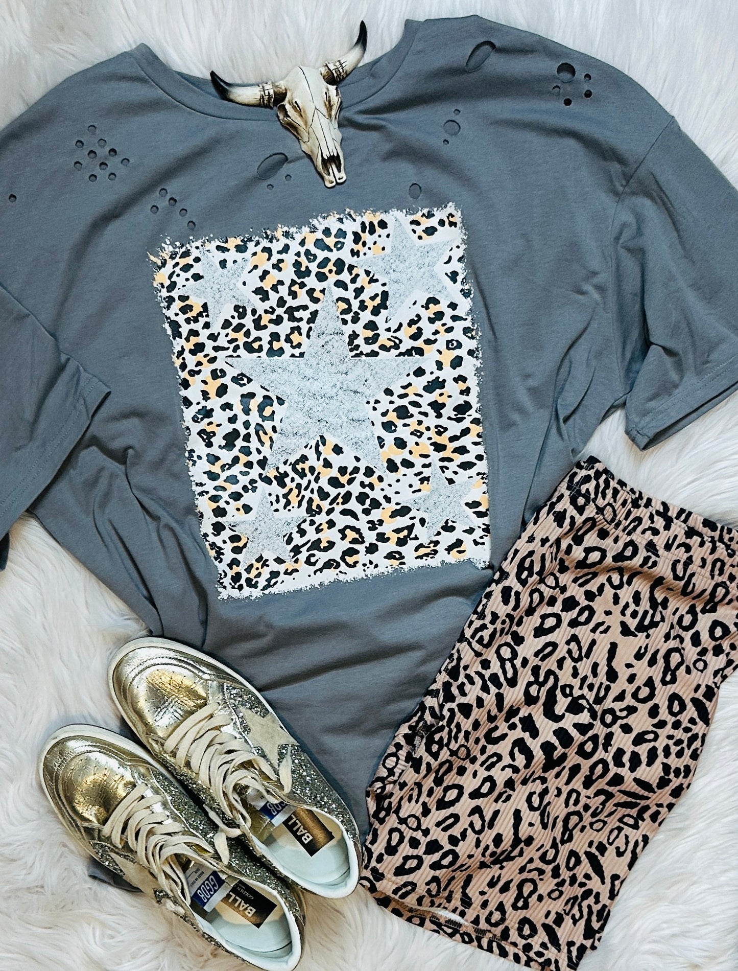 Leopard Stars Distressed Tee