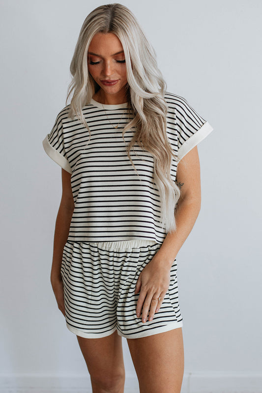 White Stripe Ribbed Tee and Shorts Set
