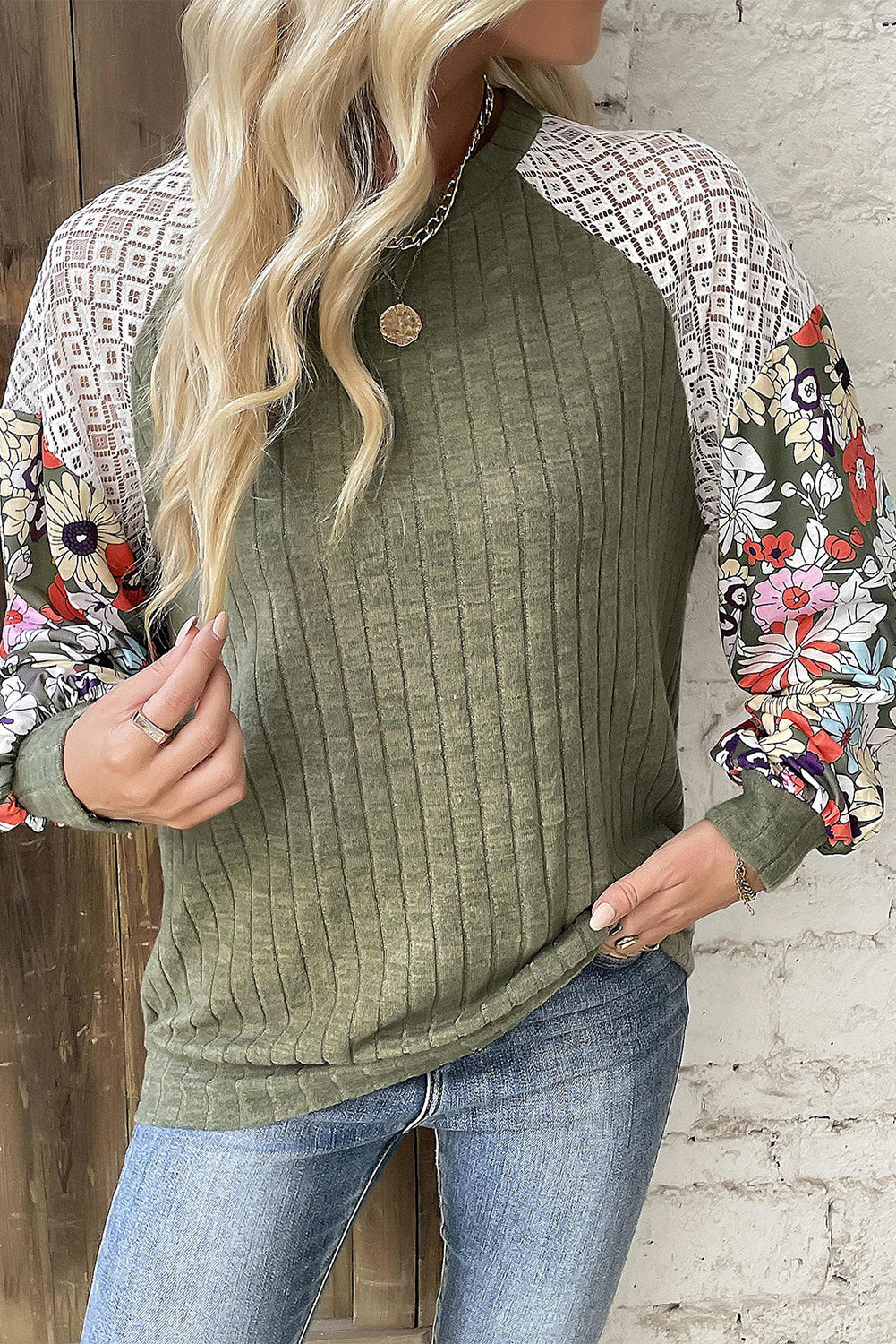 Green Floral Sleeve Top