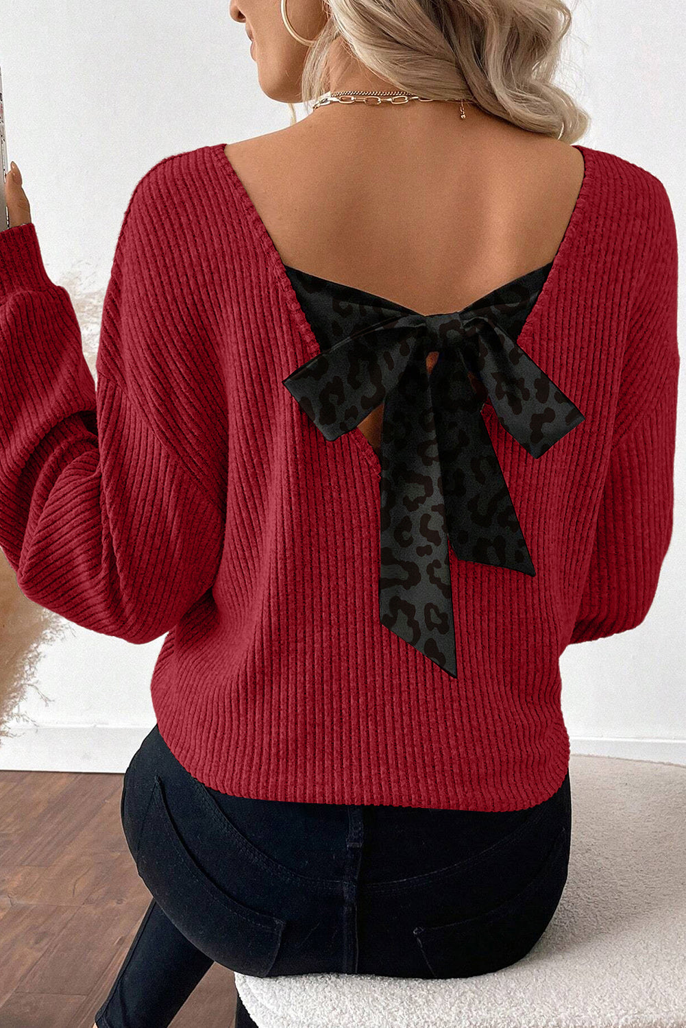 Racing Red Back Bow Ribbed Top