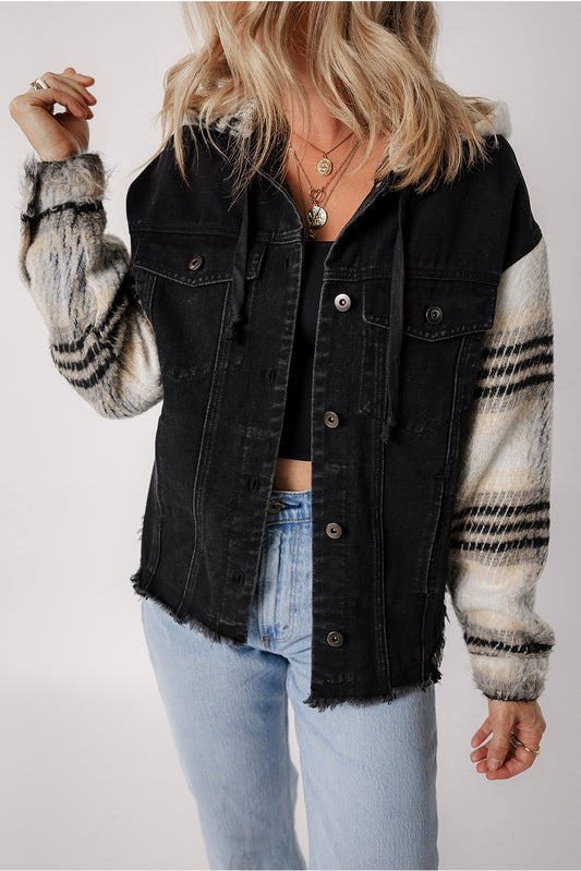 Black  Plaid Hooded Denim Jacket