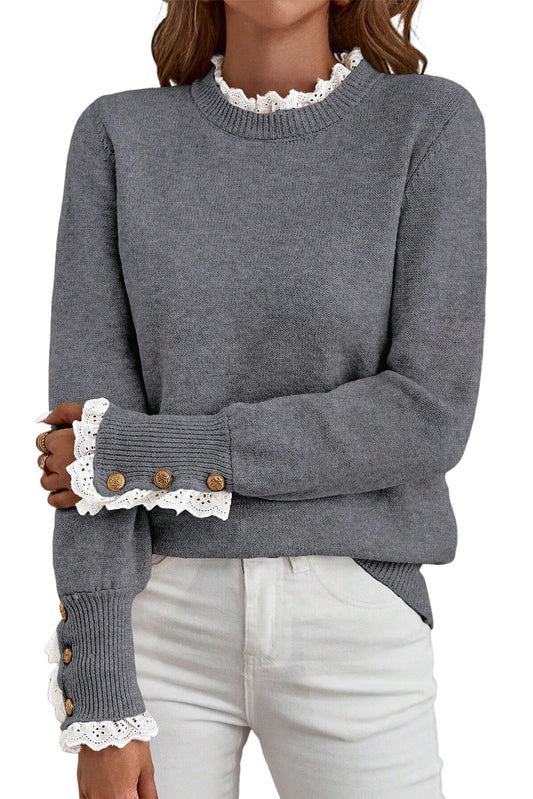 Sleet Lace Trim  Buttoned Cuffs Sweater