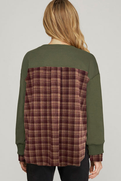 Moss Green Plaid Patchwork Sweatshirt