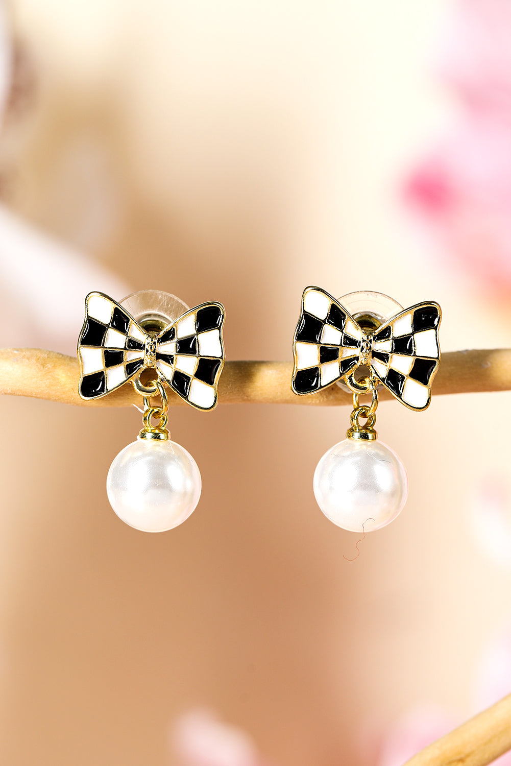 Checkered Bow Pearl Drop Earrings