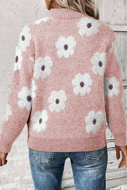 Pink Floral Half Zip Collar Sweater