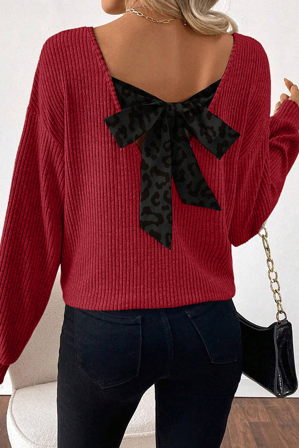 Racing Red Back Bow Ribbed Top