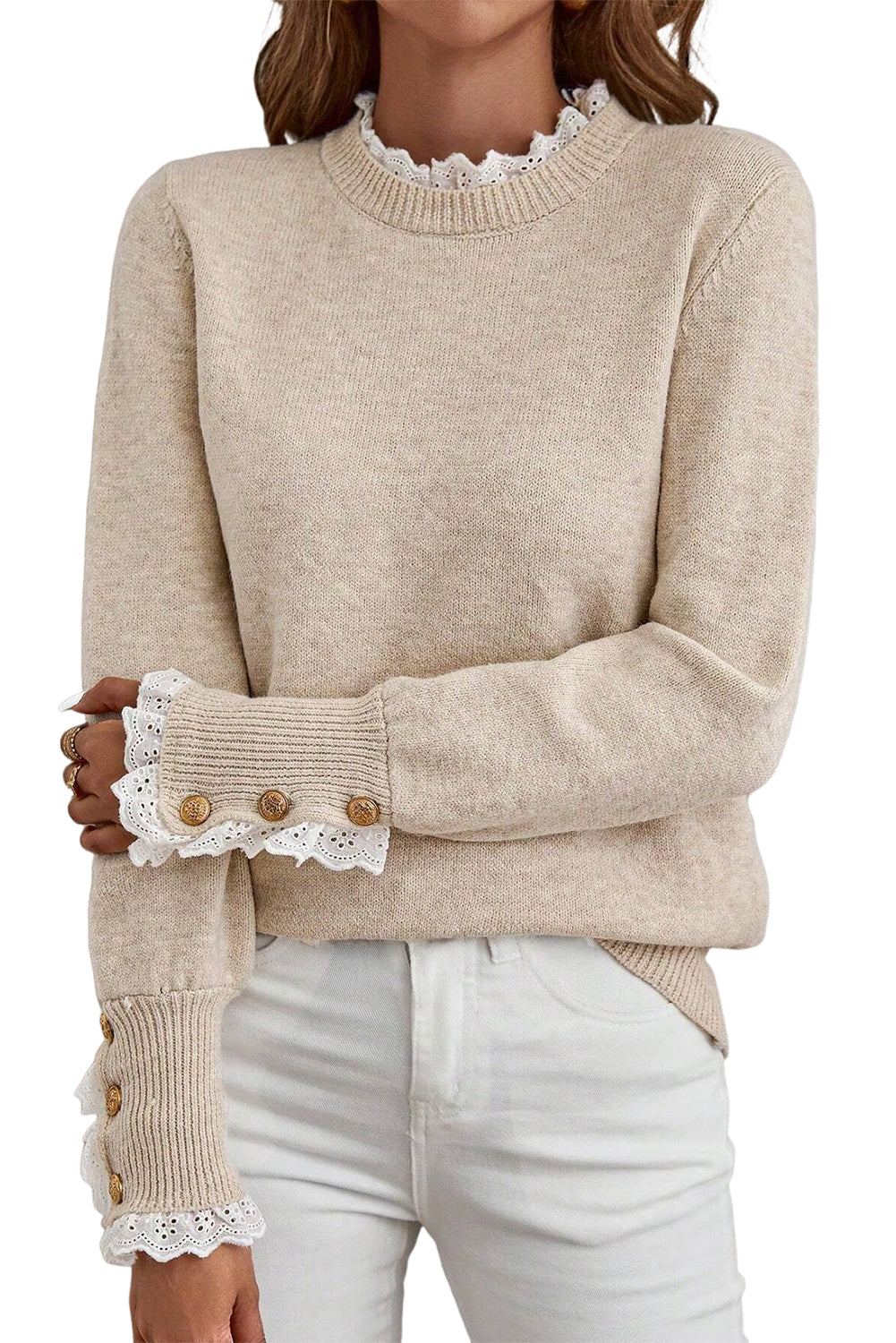 Lace Trim Buttoned Cuffs Sweater