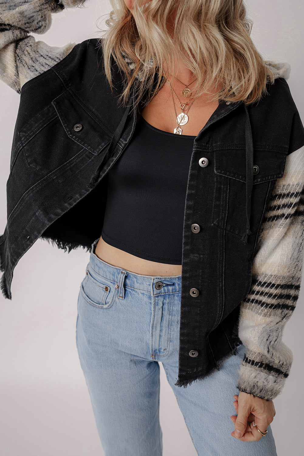 Black  Plaid Hooded Denim Jacket