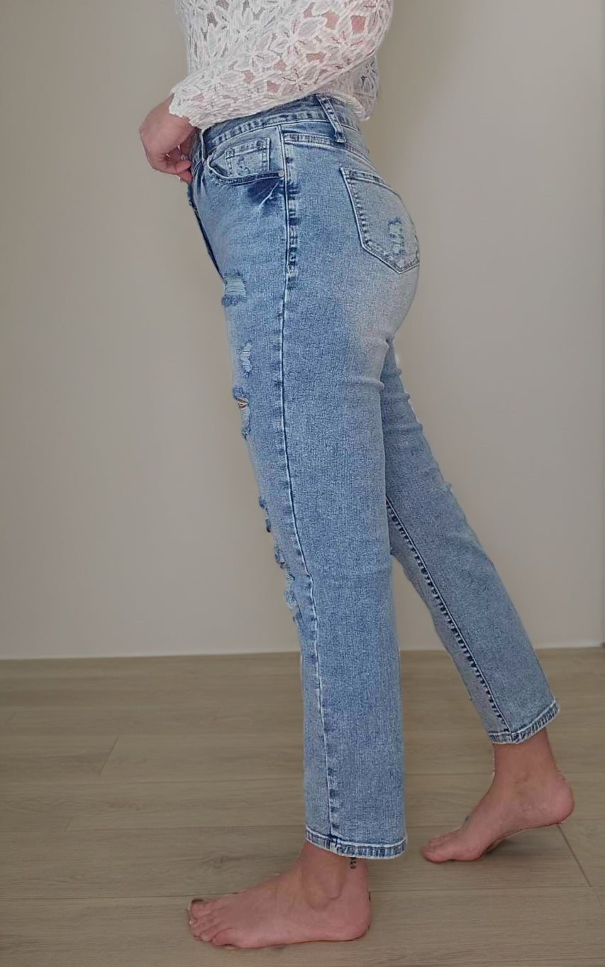 High Waist Frayed Hem Destructed Slim Jeans