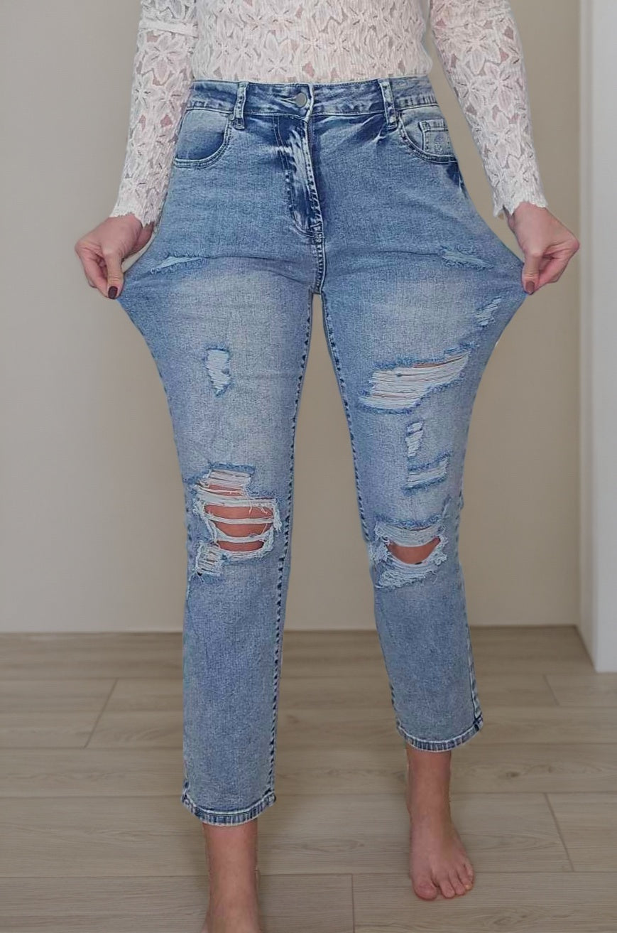 High Waist Frayed Hem Destructed Slim Jeans