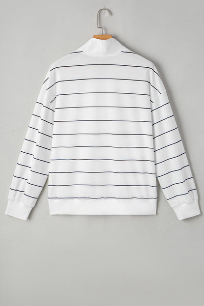 White Striped Zipper V-Neck Top