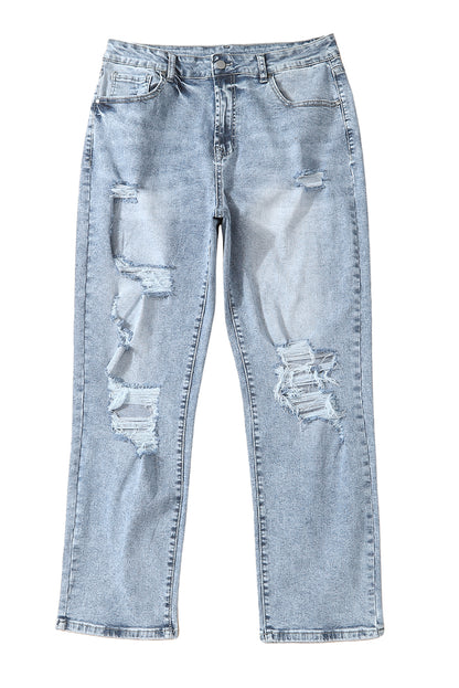 High Waist Frayed Hem Destructed Slim Jeans