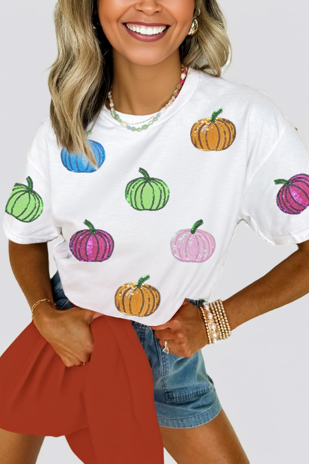 Sequin Pumpkin Cotton Blend T Shirt