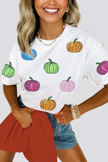 Sequin Pumpkin Cotton Blend T Shirt