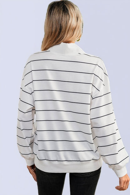 White Striped Zipper V-Neck Top