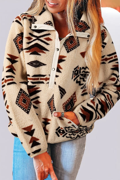 Geometric Half Zip Plush Sweatshirt