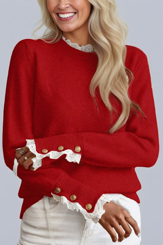 Red Buttoned Cuffs Sweater