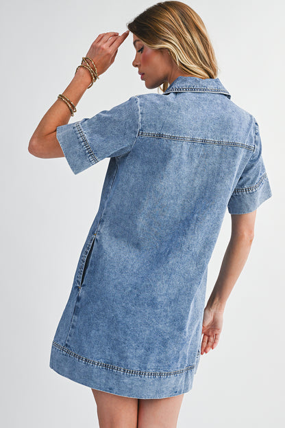 Short Sleeve Pocket Denim Mini Dress