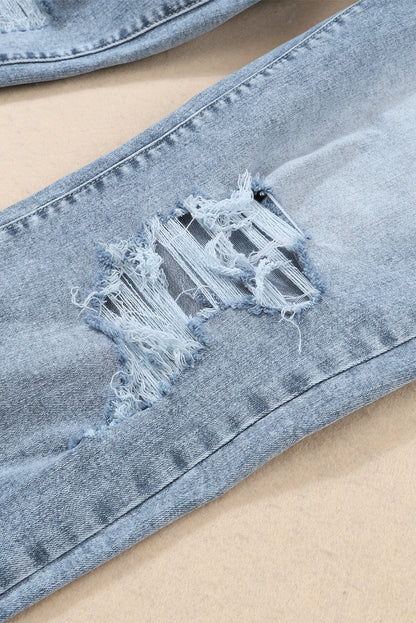 High Waist Frayed Hem Destructed Slim Jeans
