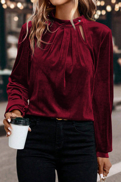 Red Dahlia Long Sleeve Velvet Blouse