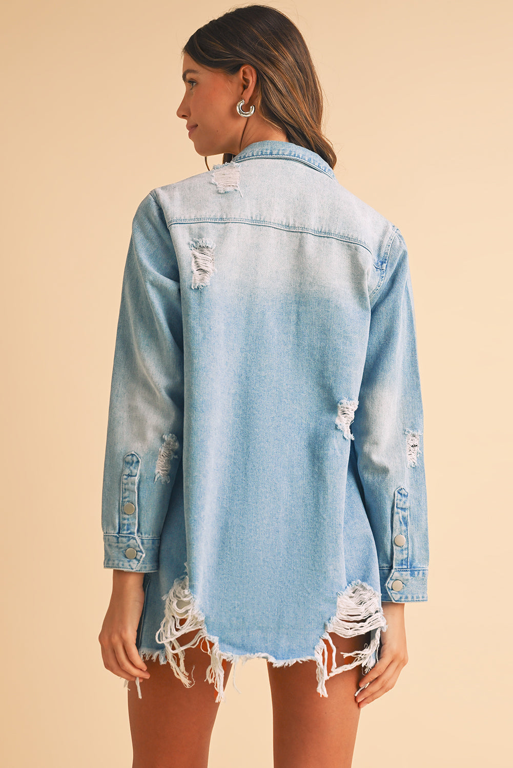 Long Blue Denim Frayed Jacket