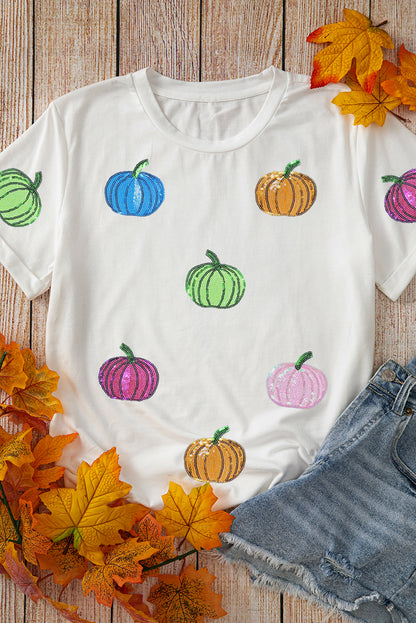 Sequin Pumpkin Cotton Blend T Shirt