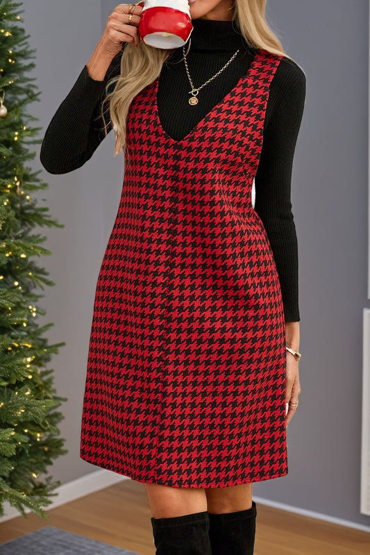 Festive houndstooth mini dress perfect for  holidays and all winter season long!  So cute paired with your favorite turtleneck.  Plus a Very flattering shape and fit.