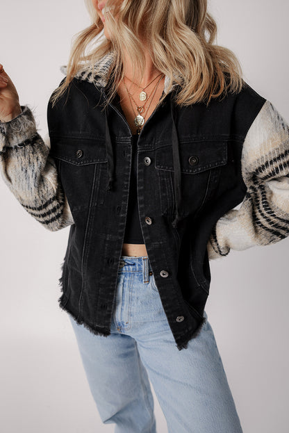 Black  Plaid Hooded Denim Jacket