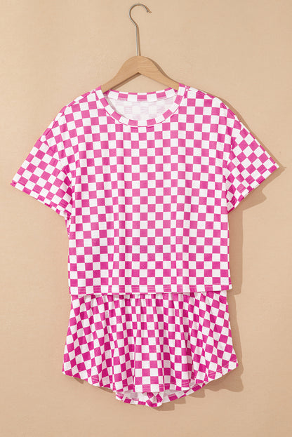 Pink Checkerboard T Shirt and Skorts Set