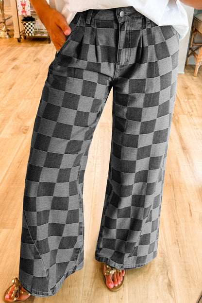 Checkered Light Washed Wide Leg Jeans