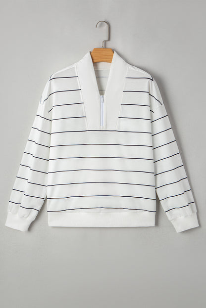 White Striped Zipper V-Neck Top
