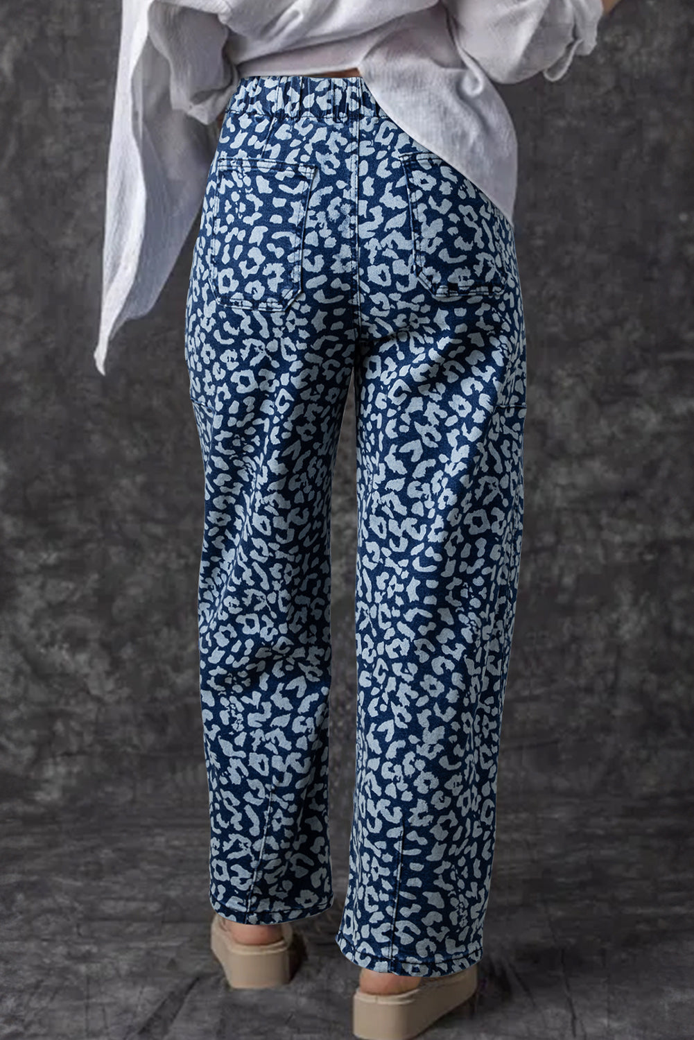 Leopard Print Drawstring Pocketed Wide Leg Jeans