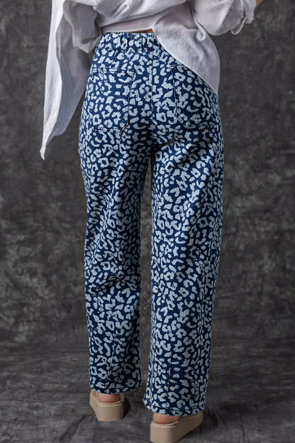 Leopard Print Drawstring Pocketed Wide Leg Jeans