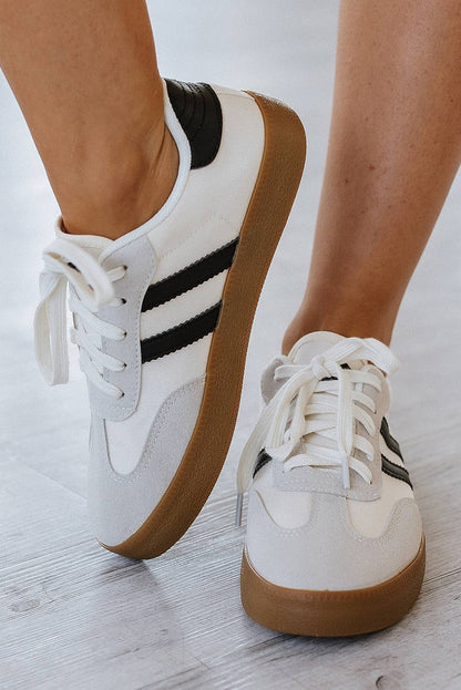White Striped Lace Up Sneakers
